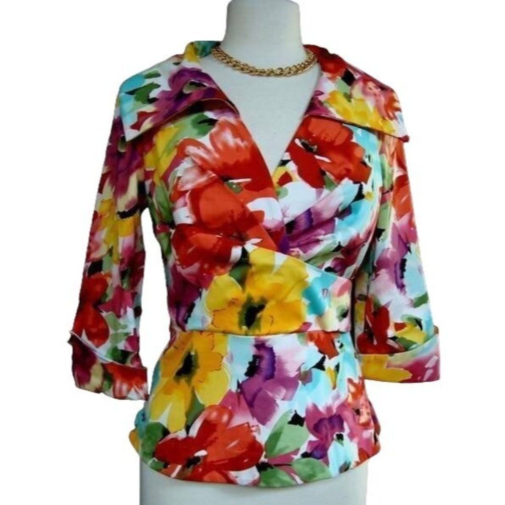 Donna Ricco Collection Sz 6 Front Wrap Tropical Floral Portrait Collar Top Artsy